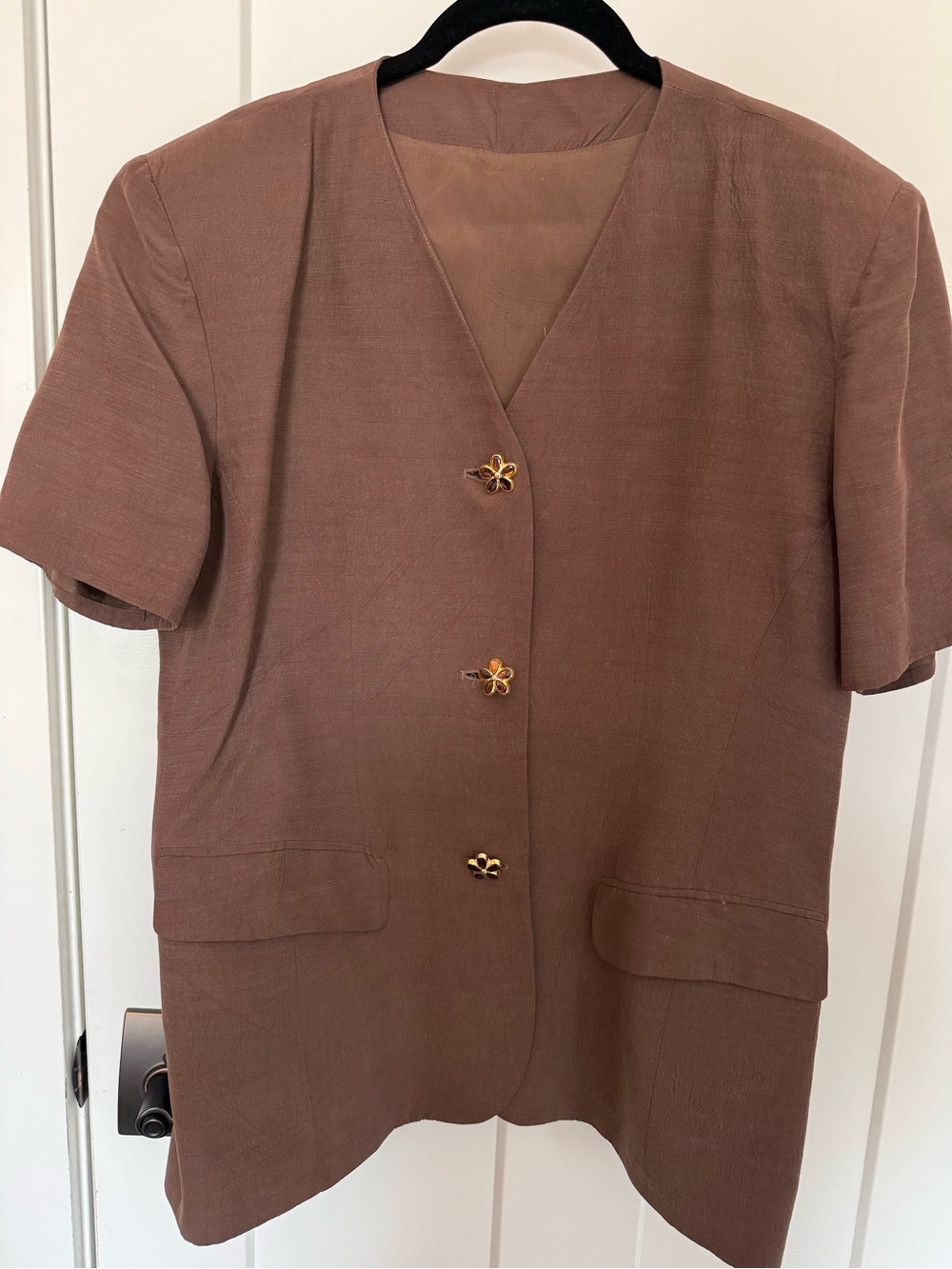 Vintage Brown Short Sleeve V-Neck Button Jacket